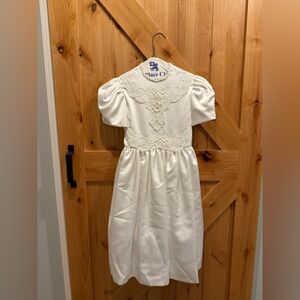 Vintage Girl’s 90s Communion Pearls Lace Ivory Dress, Flower Veil, Gloves Size 8